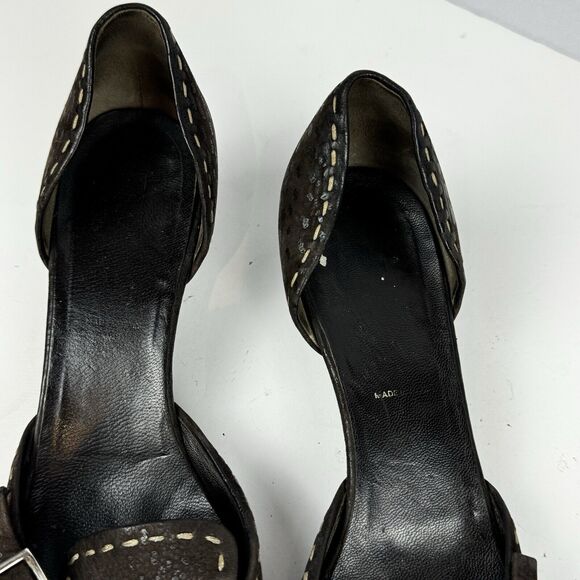 Prada Brown Suede D'Orsay Pumps Kitten Heels Buckle Pointed Toe Size 5.5 EU 35.5 - Picture 5 of 12